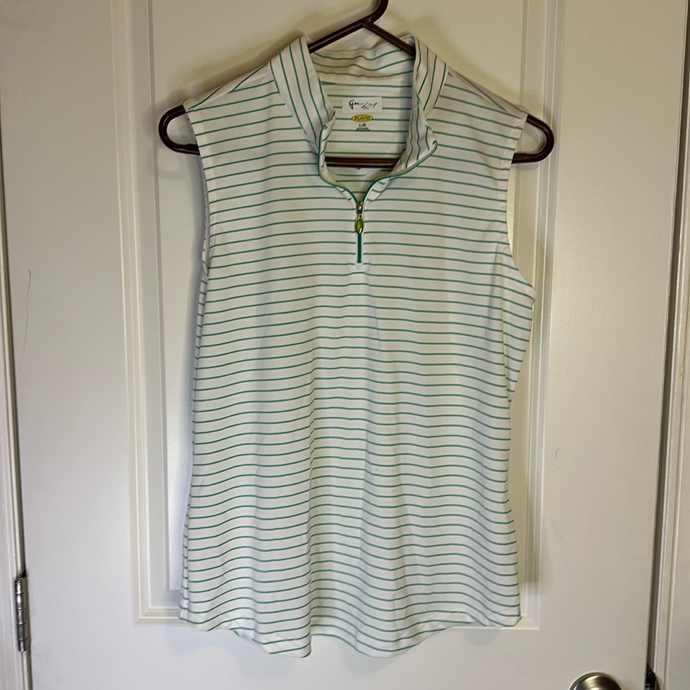 Greg Norman Ladies Green & White Top with Sleeveless Summery Stripes